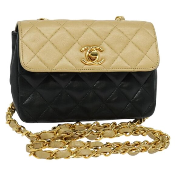 CHANEL Matelasse Chain Shoulder Bag Lamb Skin Beige Gold black CC Auth PP908 - Picture 1 of 16